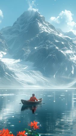 mountains, lake, boat (vertical)