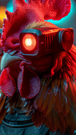 chicken, red, gun, cyberpunk, user avatar (vertical)