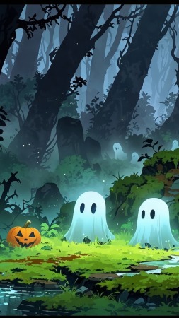 halloween ghosts wallpaper, foggy forest, enchanted woods, background for mobile wallpaper (vertical)