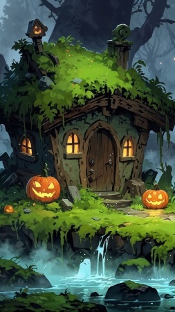 halloween ghosts wallpaper, foggy forest, enchanted woodland, background for mobile wallpaper (vertical)