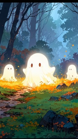 ghosts wallpaper, cute halloween, spooky decor, background for mobile wallpaper (vertical)