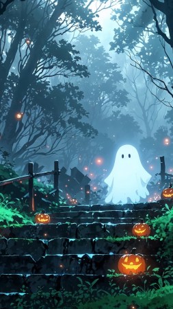ghosts wallpaper, cute halloween, eerie atmosphere, background for mobile wallpaper (vertical)