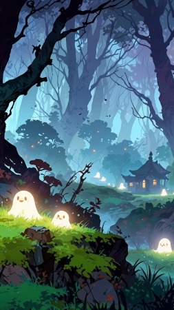 ghosts wallpaper, cute halloween, spooky vibes, background for mobile wallpaper (vertical)