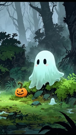 ghosts wallpaper, cute halloween decorations, autumn nights, background for mobile wallpaper (vertical)