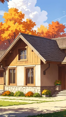 modern farmhouse wallpaper, autumn house, country living, background for mobile wallpaper (vertical)