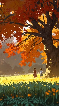 cozy fall wallpaper wallpaper, warm colors, golden leaves, background for mobile wallpaper (vertical)