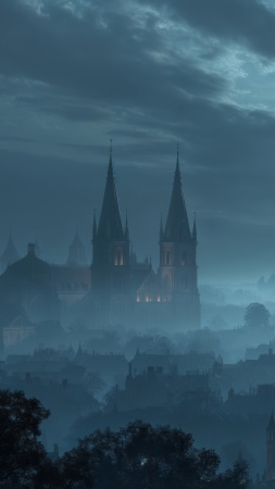 halloween night wallpaper, full moon, gothic cathedrals, background for mobile wallpaper (vertical)