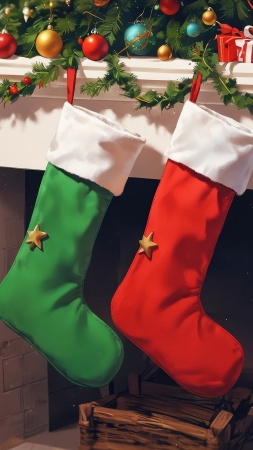 stocking wallpaper, stuffers, small presents, background for mobile wallpaper (vertical)