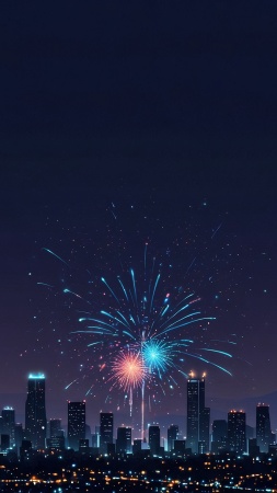 new year fireworks wallpaper, cityscape, holiday festivities, background for mobile wallpaper (vertical)