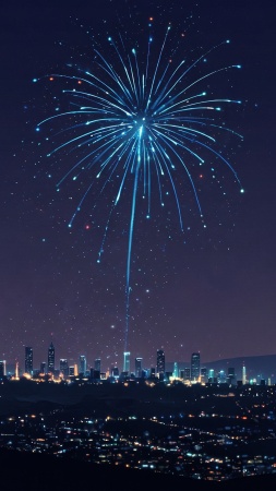 new year fireworks wallpaper, cityscape, countdown to midnight, background for mobile wallpaper (vertical)