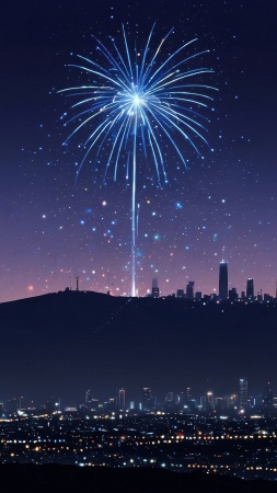 new year fireworks wallpaper, cityscape, city skyline, background for mobile wallpaper (vertical)