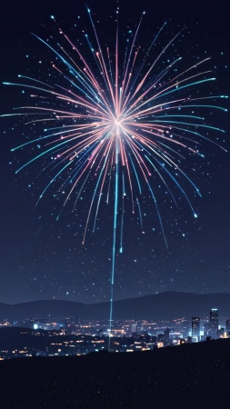 new year fireworks wallpaper, cityscape, holiday festivities, background for mobile wallpaper (vertical)