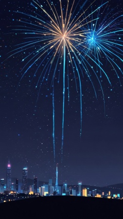 new years eve wallpaper, city skyline, fireworks display, background for mobile wallpaper (vertical)