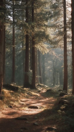 peaceful retreat wallpaper, wild forest, sunlight filtering, background for mobile wallpaper (vertical)