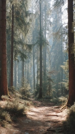 sunlight through trees wallpaper, forest path, trail, background for mobile wallpaper (vertical)
