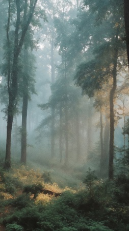 deep forest wallpaper, dense foliage, pathway, background for mobile wallpaper (vertical)