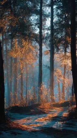 warm hues wallpaper, autumn forest, golden hour light, background for mobile wallpaper (vertical)