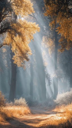 glowing trees wallpaper, warm hues, autumn forest, background for mobile wallpaper (vertical)