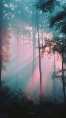 fairy tale wallpaper, tranquil grove, sunlight streaming, background for mobile wallpaper (vertical)