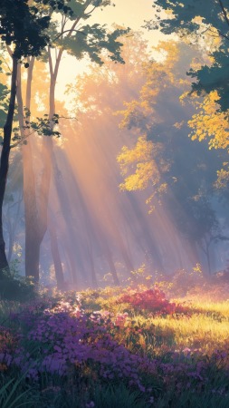 dreamy colors wallpaper, enchanted landscape, sunbeams, background for mobile wallpaper (vertical)