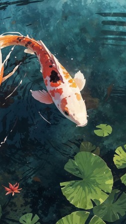 zen landscape wallpaper, tranquil water, koi pond, background for mobile wallpaper (vertical)