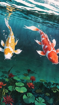 outdoor oasis wallpaper, aquatic life, meditation space, background for mobile wallpaper (vertical)