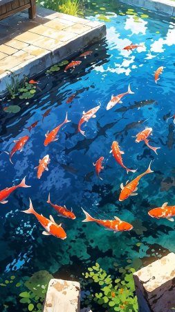 tranquil water wallpaper, relaxation space, garden tranquility, background for mobile wallpaper (vertical)