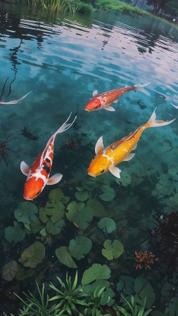 ornamental fish wallpaper, outdoor decor, garden tranquility, background for mobile wallpaper (vertical)