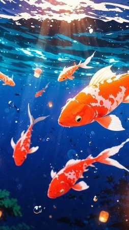 underwater fish wallpaper, meditation space, koi, background for mobile wallpaper (vertical)