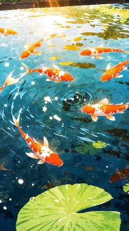 backyard pond wallpaper, japanese aesthetics, koi, background for mobile wallpaper (vertical)