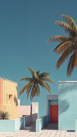warm weather wallpaper, vibrant aesthetics, tropical architecture, background for mobile wallpaper (vertical)