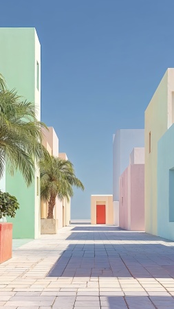 palm tree landscape wallpaper, warm weather, pastel houses, background for mobile wallpaper (vertical)