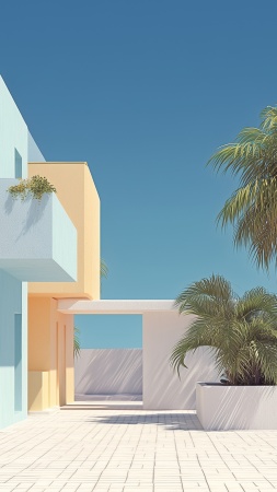 tranquil beach wallpaper, charming cottages, summer getaway, background for mobile wallpaper (vertical)