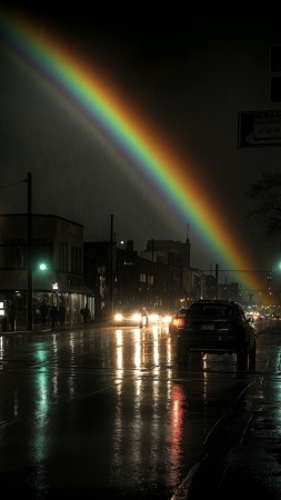 rainbow aesthetic wallpaper, city glow, streets, background for mobile wallpaper (vertical)