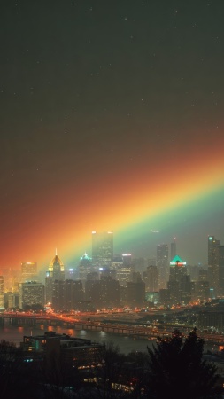 rainbow light wallpaper, colorful cityscape, city glow, background for mobile wallpaper (vertical)