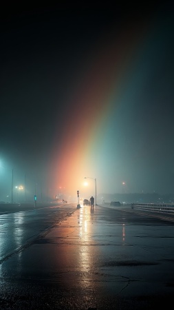 silhouette wallpaper, rainbow hues, boardwalk, background for mobile wallpaper (vertical)