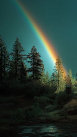 forest wallpaper, rainbow gradient, twilight scene, background for mobile wallpaper (vertical)