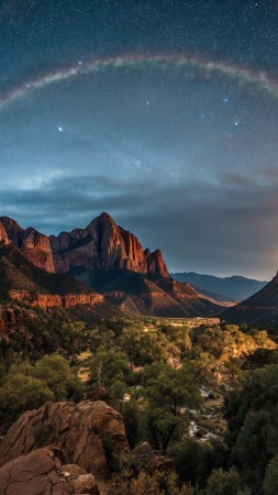 atmospheric colors wallpaper, nighttime stars, rainbow aura, background for mobile wallpaper (vertical)