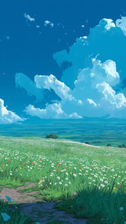 meadow flowers wallpaper, blue skies, fresh blooms, background for mobile wallpaper (vertical)