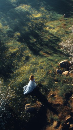 spring landscape wallpaper, green growth, woman in nature, background for mobile wallpaper (vertical)