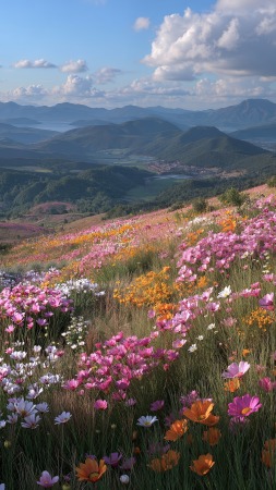 colorful blooms wallpaper, green growth, fresh greenery, background for mobile wallpaper (vertical)