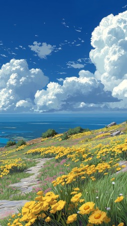 colorful fields wallpaper, renewal, blue skies, background for mobile wallpaper (vertical)