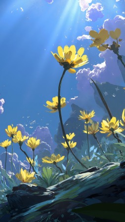 warmth wallpaper, warm weather, floral landscape, background for mobile wallpaper (vertical)