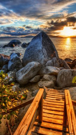 Sea, 4k, HD wallpaper, sun, sunset, stones, nature (vertical)