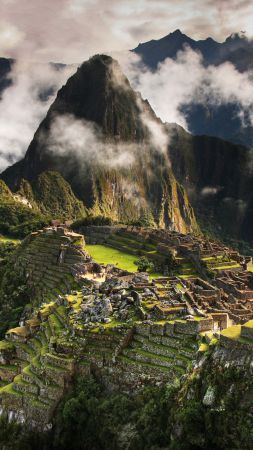 Machu Picchu, 5k, 4k wallpaper, Peru, mountains, clouds, hills (vertical)