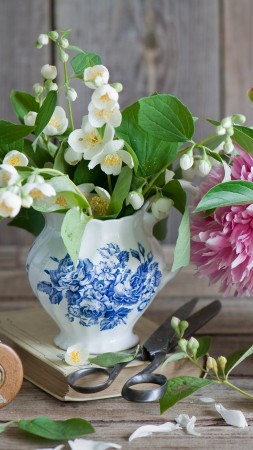 peonies, 5k, 4k wallpaper, jasmine, scissors, vase, ribbon (vertical)