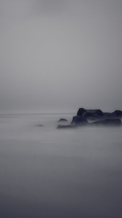 Sea, 4k, HD wallpaper, river, fog, rocks (vertical)