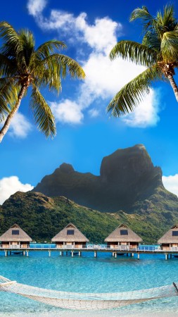 Bora Bora, 5k, 4k wallpaper, French Polynesia, Best beaches of 2017, Best Hotels of 2017, ocean, palm trees, mountains, beach, vacation, rest, travel, booking, palm trees, hammock (vertical)