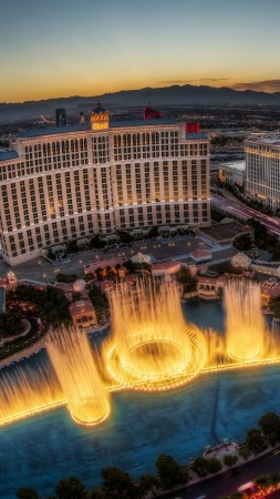 Las Vegas, Usa, Nevada, Bellagio, fountain, travel, vacation, sunset, lights, night, booking, casino (vertical)