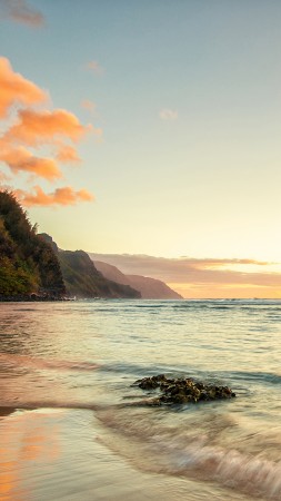 Hawaii, 4k, HD wallpaper, Ke'e beach, island, Kauai, sky, sea, ocean, water, sunset, sunrise, rocks, sun, clouds (vertical)